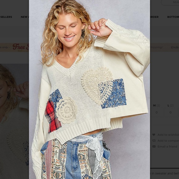 POL “ Luna “ POL V-Neck Sweater in a Twill Mix and Patchwork Detail SR64 - Picture 1 of 8